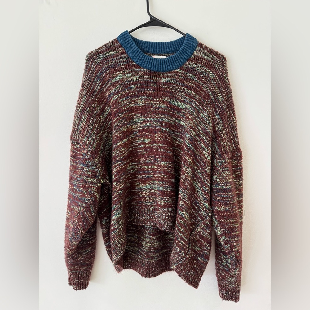 BDG Marled Crewneck Sweater in Burgundy with Teal Rib